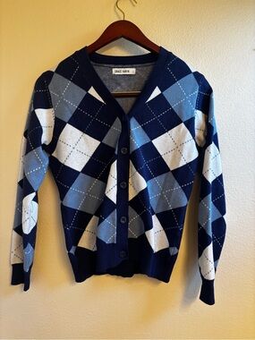 Grace Karin Blue Argyle V-Neck Button Cardigan Sweater Size Large